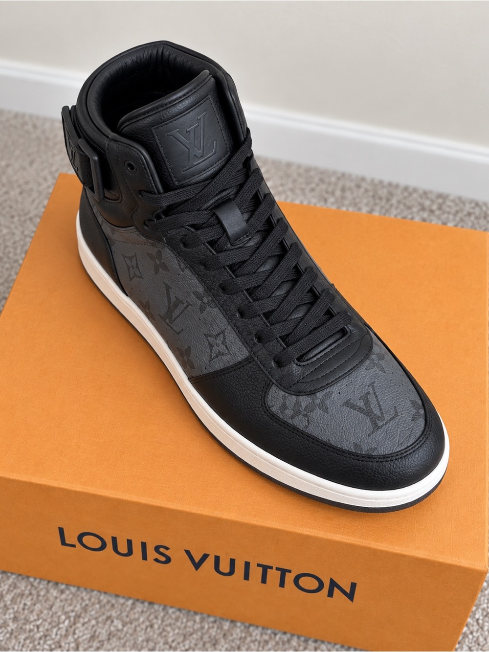 Louis Vuitton Men’s Black Monogram High-Top Sneaker with White Sole
